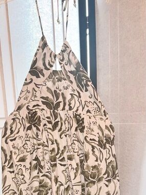1.STATE Cream and Olive Green Botanical Halter Dress